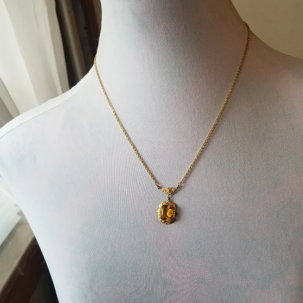 Vintage Art Deco necklace yellow gem gold tone faceted 1920s 1930s Gatsby